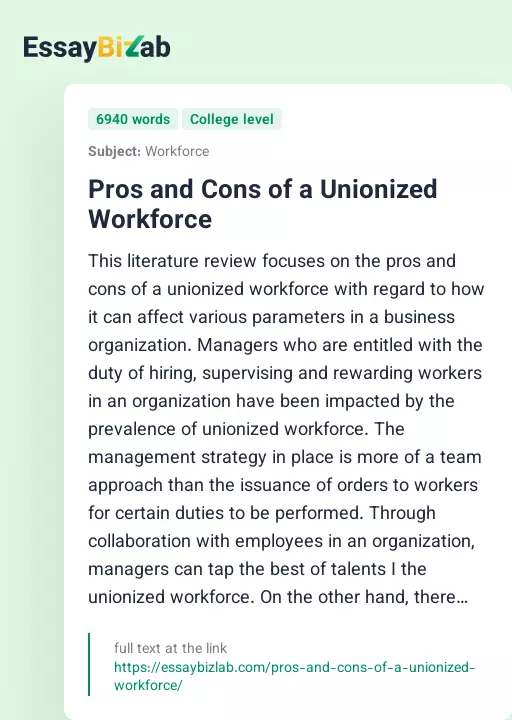 Pros and Cons of a Unionized Workforce - Essay Preview
