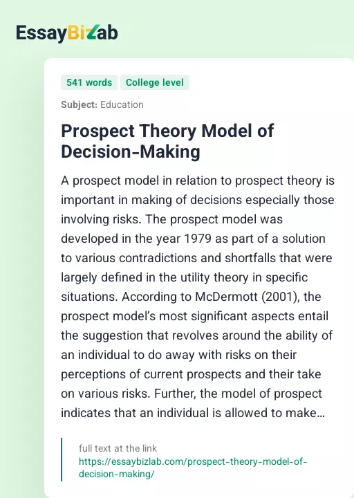 Prospect Theory Model of Decision-Making - Essay Preview