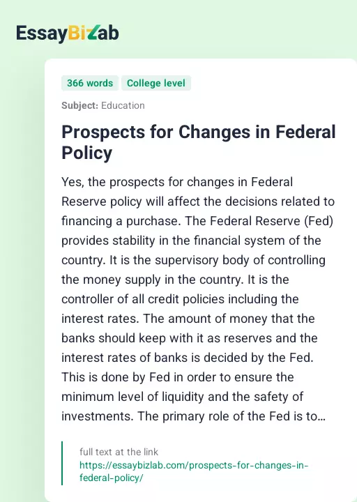 Prospects for Changes in Federal Policy - Essay Preview