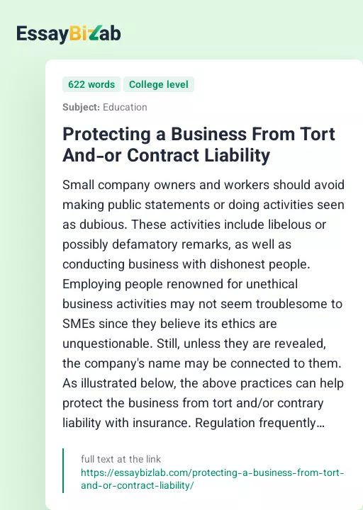 Protecting a Business From Tort and/or Contract Liability - Essay Preview