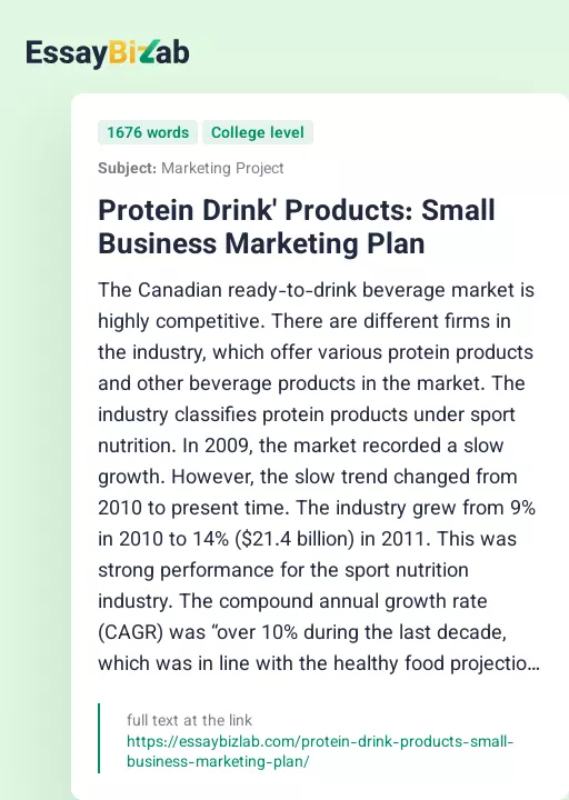 Protein Drink' Products: Small Business Marketing Plan - Essay Preview