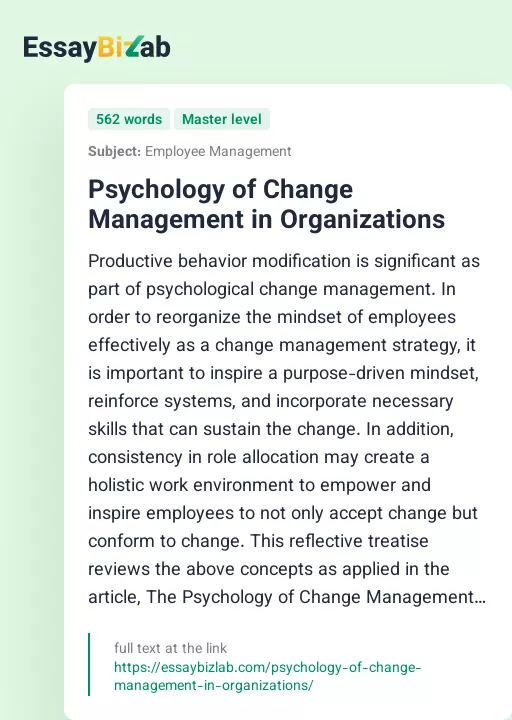 Psychology of Change Management in Organizations - Essay Preview