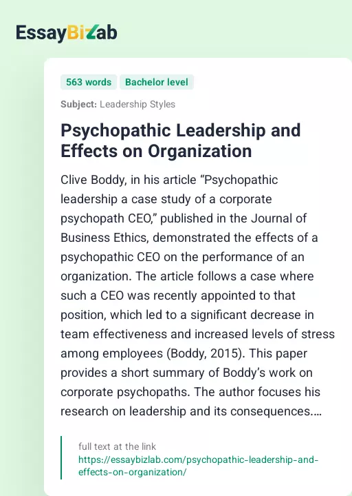 Psychopathic Leadership and Effects on Organization - Essay Preview
