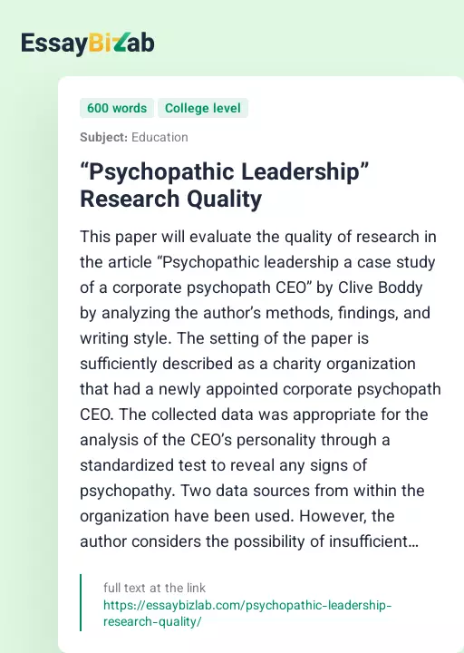 “Psychopathic Leadership” Research Quality - Essay Preview