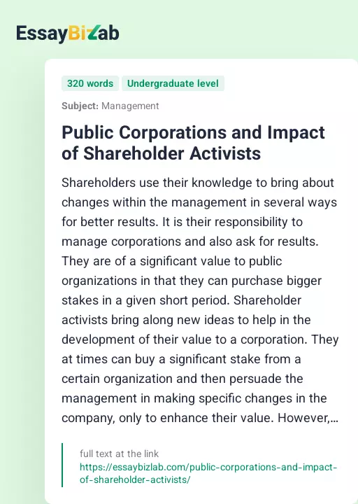 Public Corporations and Impact of Shareholder Activists - Essay Preview