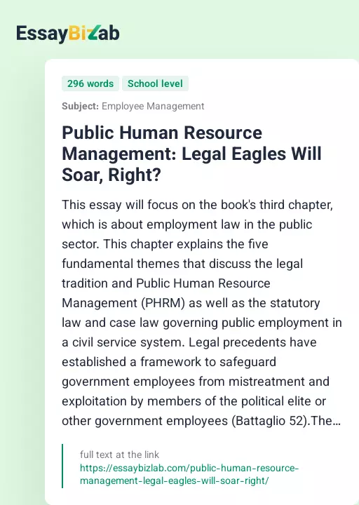 Public Human Resource Management: Legal Eagles Will Soar, Right? - Essay Preview