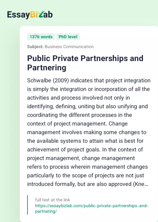 Public Private Partnerships and Partnering - Essay Preview