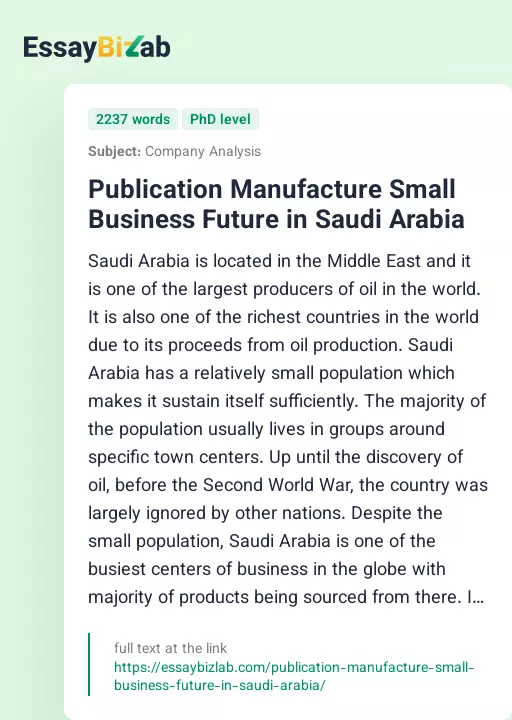 Publication Manufacture Small Business Future in Saudi Arabia - Essay Preview
