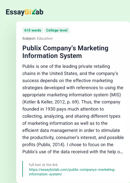 Publix Company’s Marketing Information System - Essay Preview