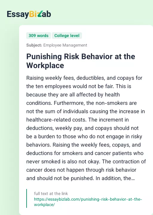 Punishing Risk Behavior at the Workplace - Essay Preview