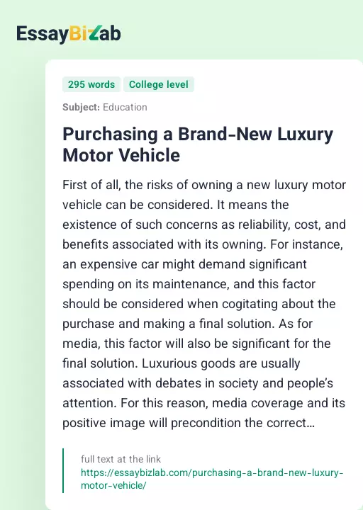 Purchasing a Brand-New Luxury Motor Vehicle - Essay Preview