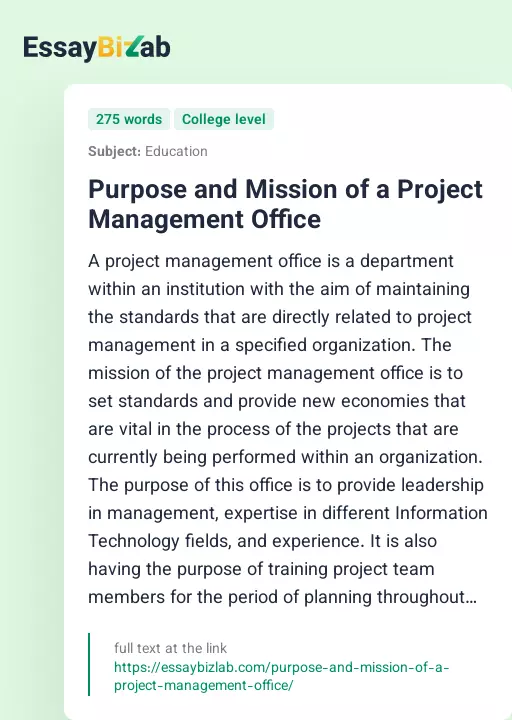 Purpose and Mission of a Project Management Office - Essay Preview