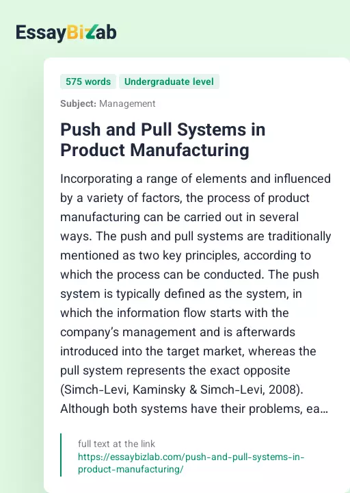 Push and Pull Systems in Product Manufacturing - Essay Preview
