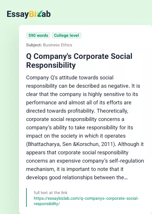 Q Company's Corporate Social Responsibility - Essay Preview