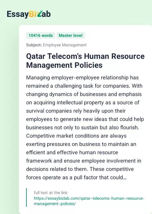 Qatar Telecom's Human Resource Management Policies - Essay Preview