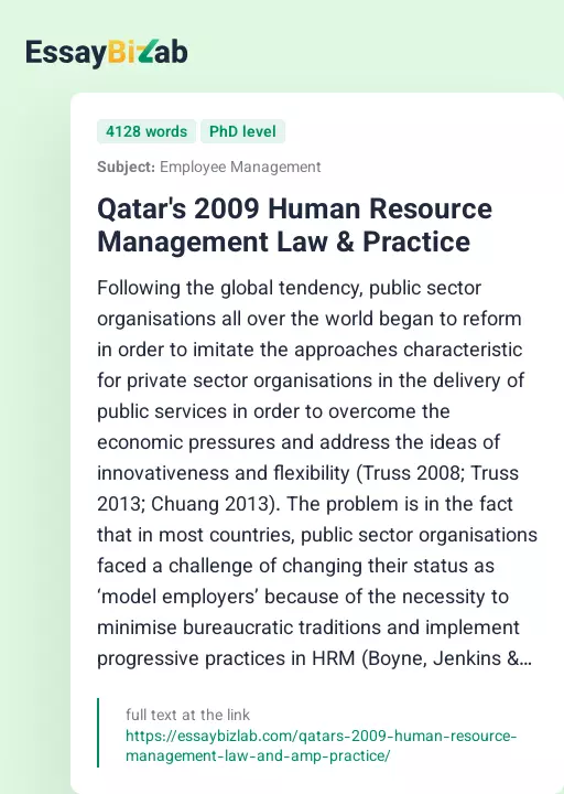 Qatar's 2009 Human Resource Management Law & Practice - Essay Preview