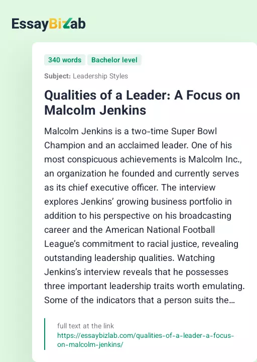 Qualities of a Leader: A Focus on Malcolm Jenkins - Essay Preview