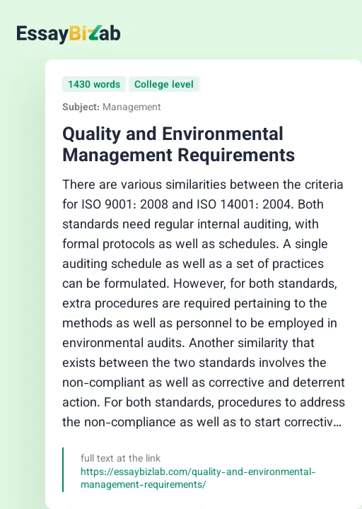 Quality and Environmental Management Requirements - Essay Preview