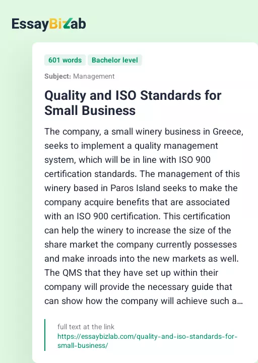 Quality and ISO Standards for Small Business - Essay Preview