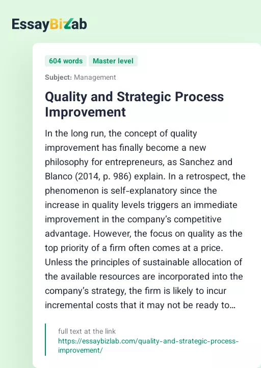 Quality and Strategic Process Improvement - Essay Preview