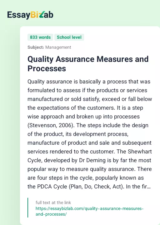 Quality Assurance Measures and Processes - Essay Preview