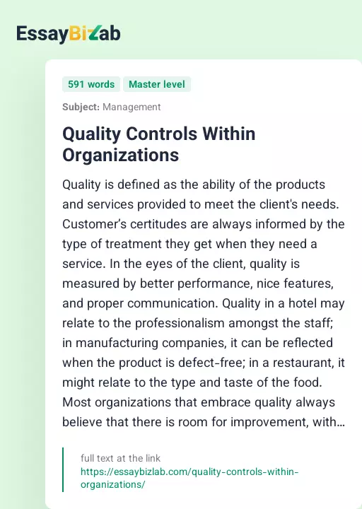 Quality Controls Within Organizations - Essay Preview