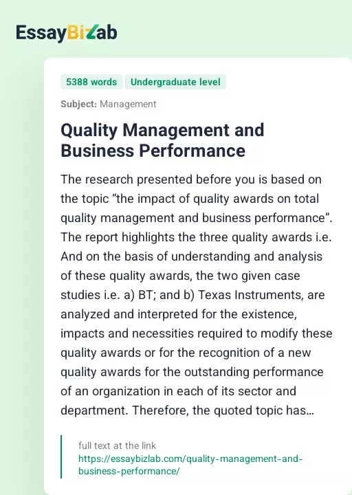 Quality Management and Business Performance - Essay Preview