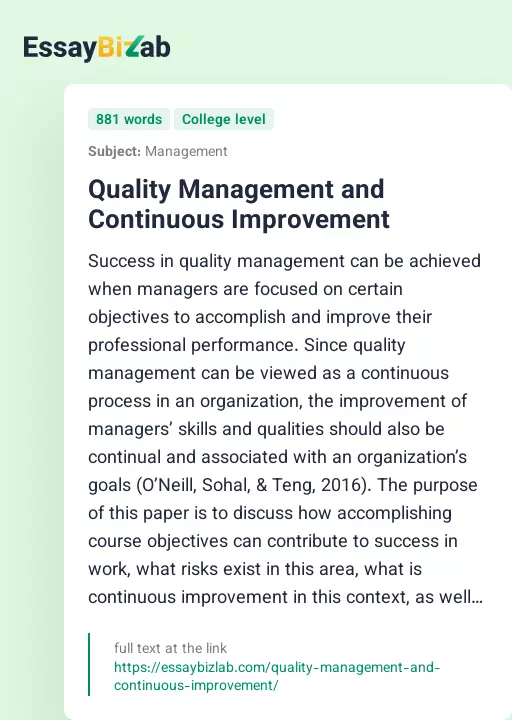 Quality Management and Continuous Improvement - Essay Preview