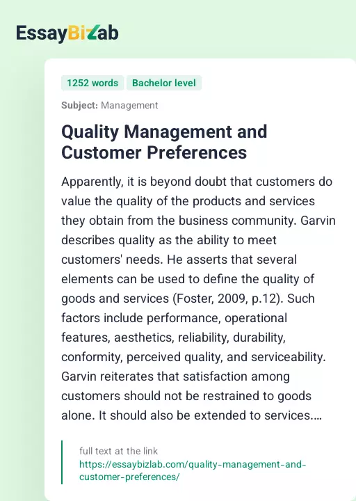 Quality Management and Customer Preferences - Essay Preview