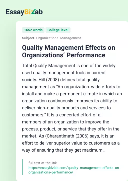 Quality Management Effects on Organizations’ Performance - Essay Preview