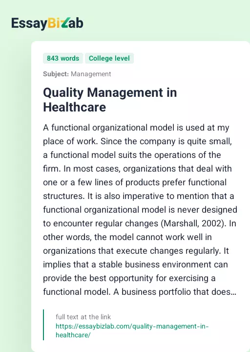 Quality Management in Healthcare - Essay Preview
