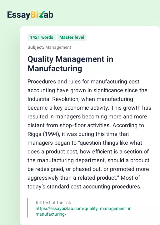 Quality Management in Manufacturing - Essay Preview