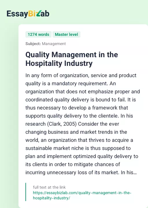 Quality Management in the Hospitality Industry - Essay Preview