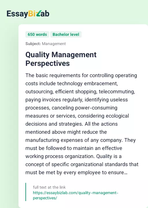 Quality Management Perspectives - Essay Preview