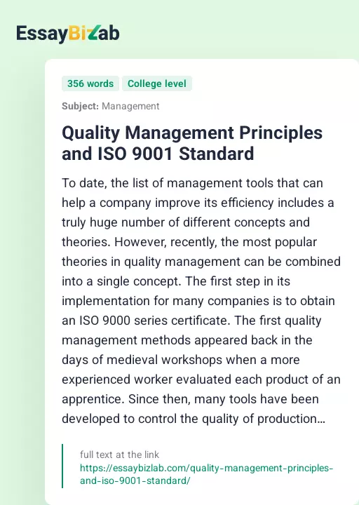 Quality Management Principles and ISO 9001 Standard - Essay Preview