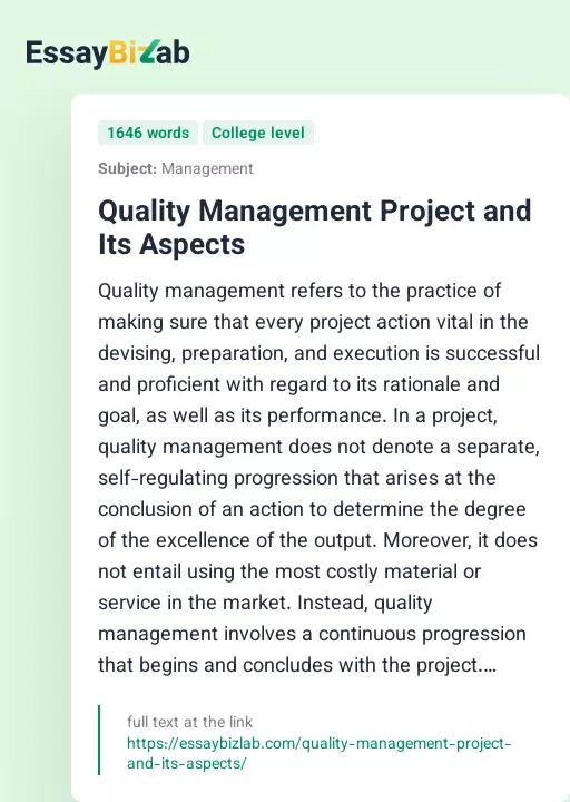 Quality Management Project and Its Aspects - Essay Preview