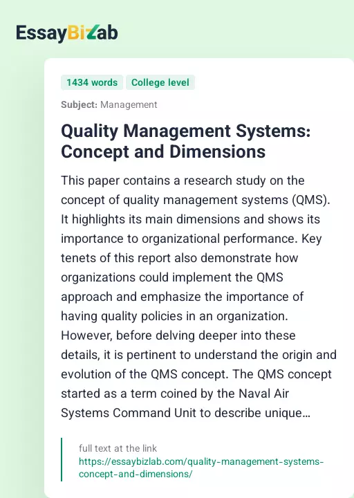 Quality Management Systems: Concept and Dimensions - Essay Preview