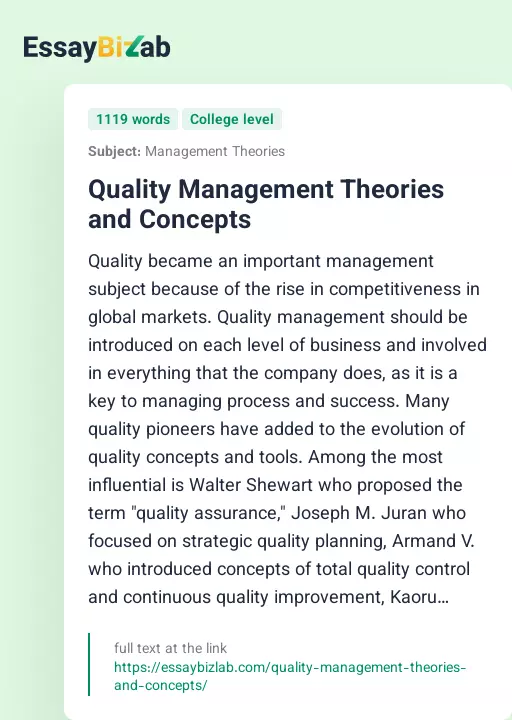 Quality Management Theories and Concepts - Essay Preview