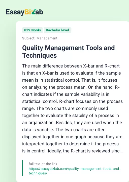 Quality Management Tools and Techniques - Essay Preview