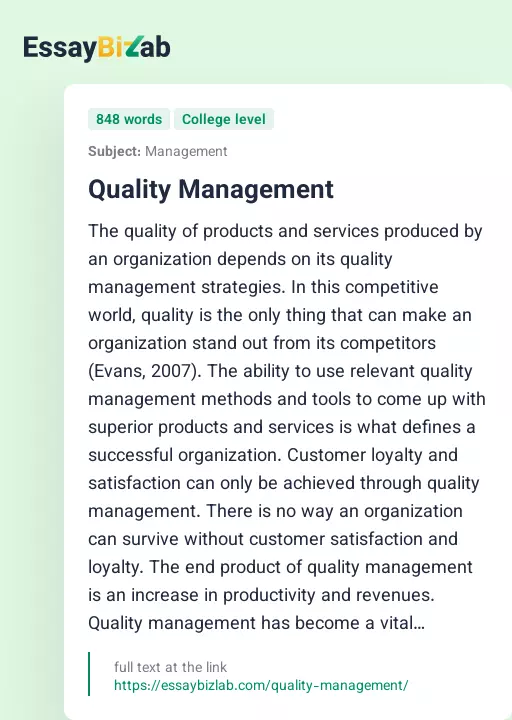 Quality Management - Essay Preview