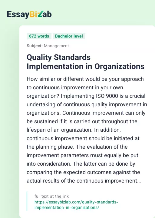 Quality Standards Implementation in Organizations - Essay Preview