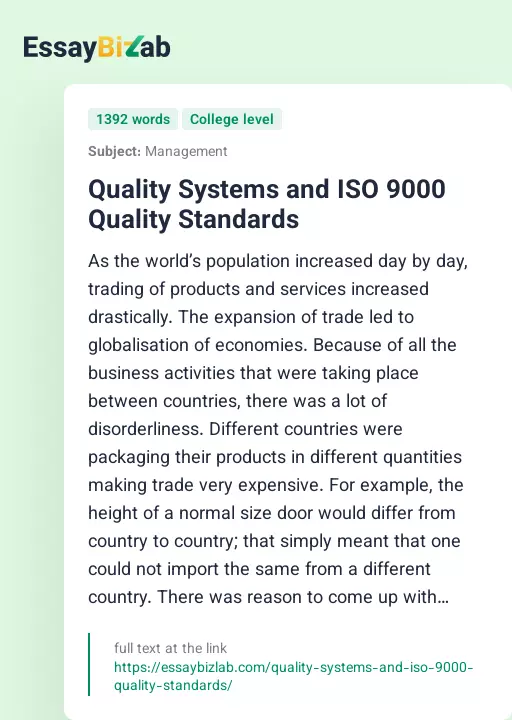 Quality Systems and ISO 9000 Quality Standards - Essay Preview