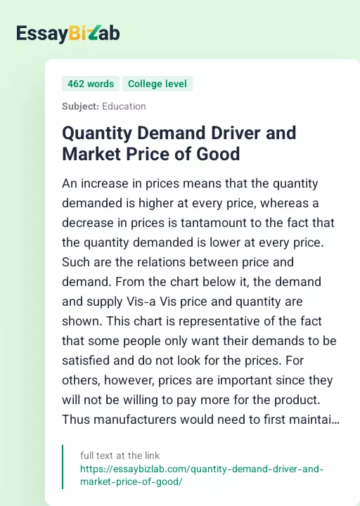 Quantity Demand Driver and Market Price of Good - Essay Preview