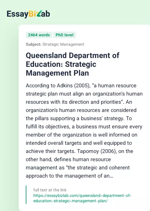 Queensland Department of Education: Strategic Management Plan - Essay Preview
