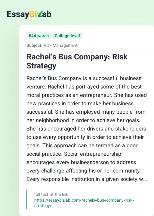 Rachel’s Bus Company: Risk Strategy - Essay Preview