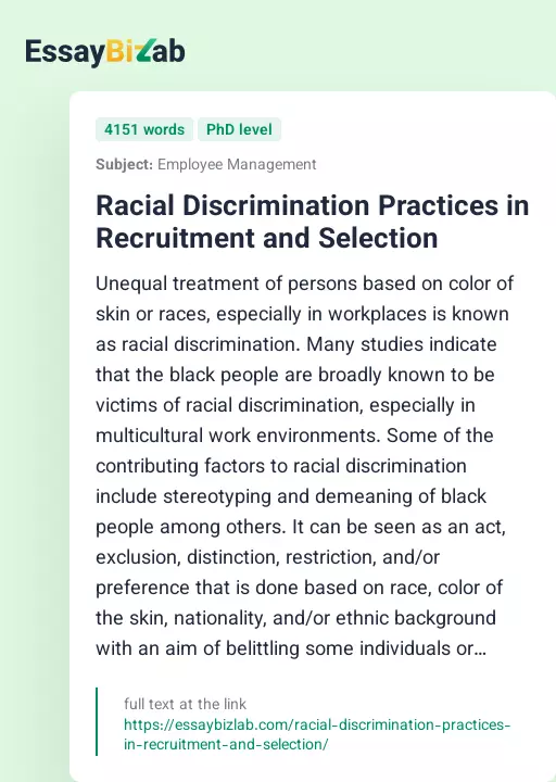 Racial Discrimination Practices in Recruitment and Selection - Essay Preview