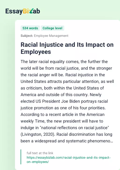 Racial Injustice and Its Impact on Employees - Essay Preview
