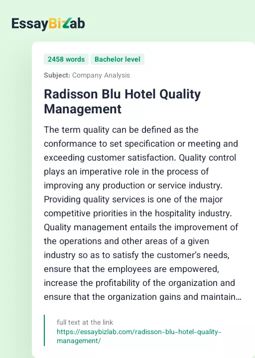 Radisson Blu Hotel Quality Management - Essay Preview