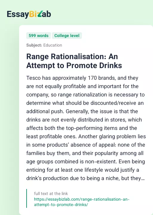 Range Rationalisation: An Attempt to Promote Drinks - Essay Preview