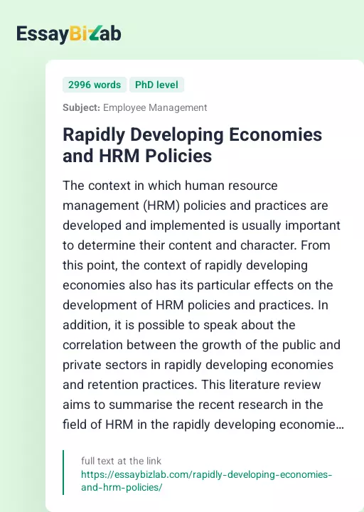 Rapidly Developing Economies and HRM Policies - Essay Preview